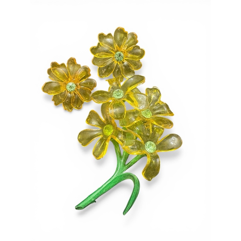 Vintage Uranium Cellulose Acetate Floral Brooch And Clip On Earring Set READ